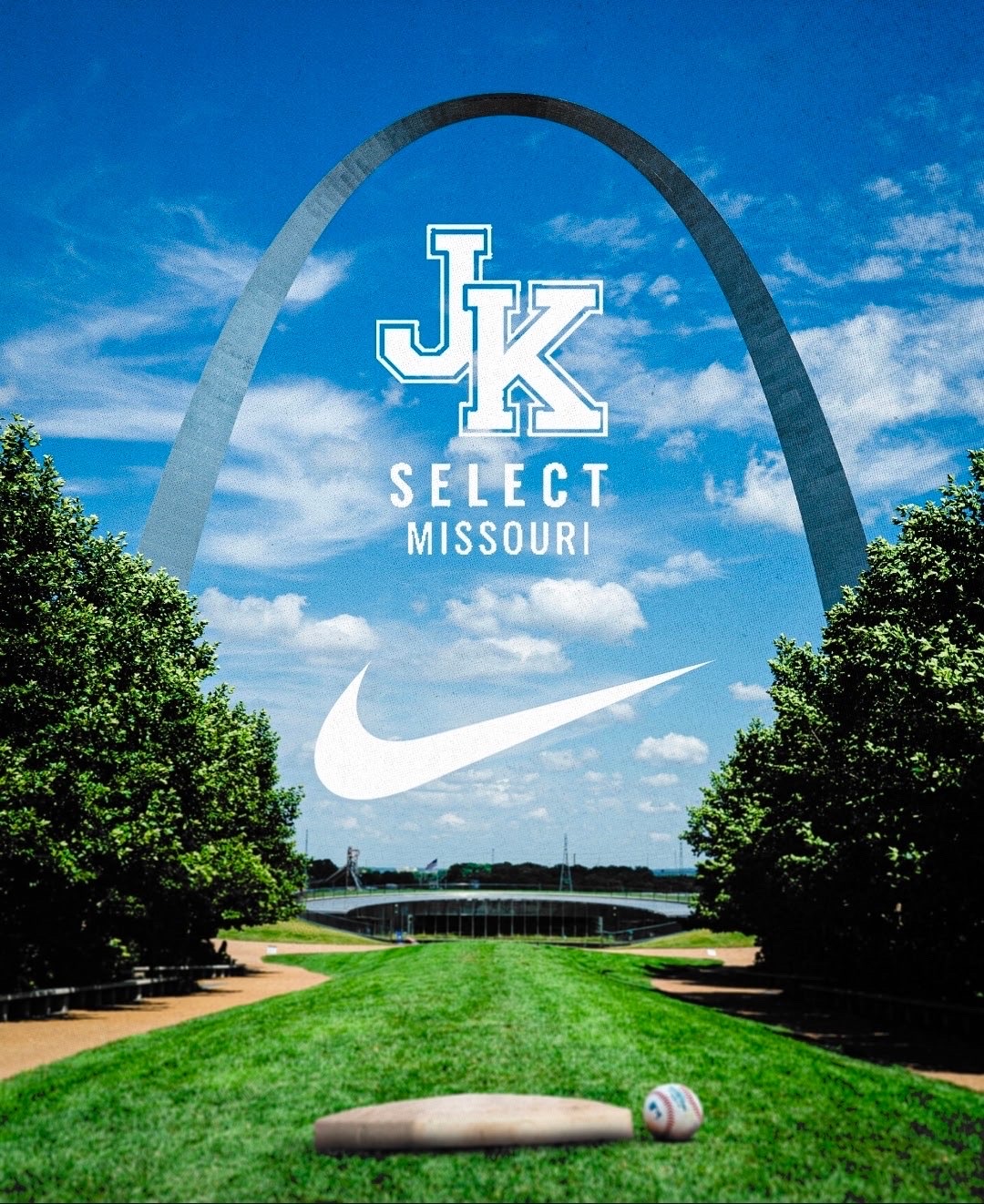 JK Select Missouri branding over the Gateway Arch with a baseball and a base on the grass